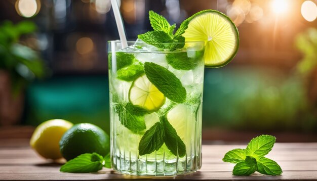 cocktail mojito guarnito con foglie di menta in un bicchiere pieno