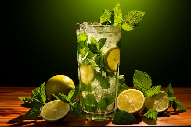 Cocktail Mojito su sfondo scuro vista ravvicinata IA generativa