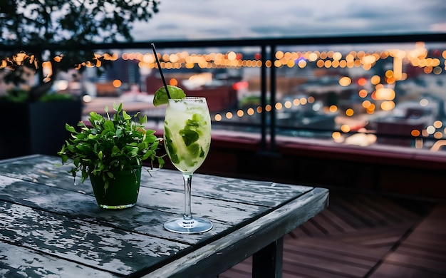 Cocktail Mojito su un tavolo di legno con vista sulla città