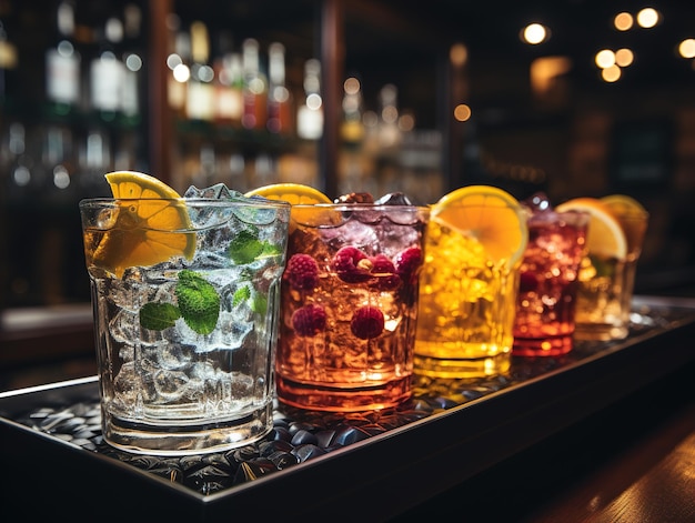 cocktail multicolori con frutta al bar IA generativa