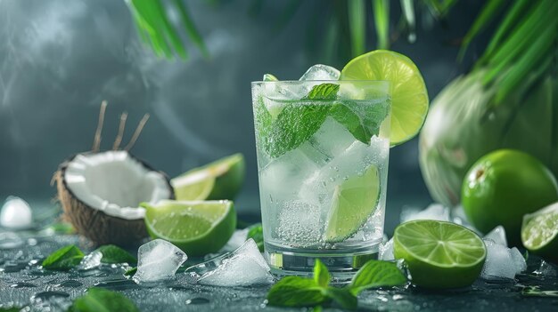 Cocktail o Mocktail tropicale con guarnizione di lime e cocco