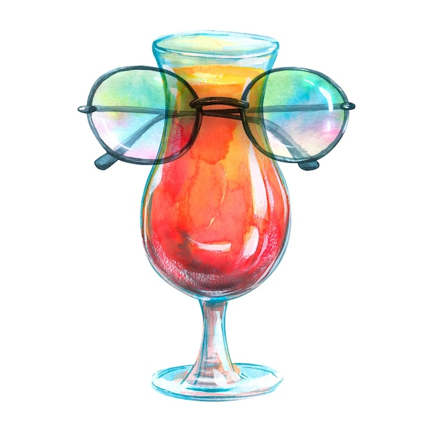 Cocktail o succo in un bicchiere con occhiali da sole Illustrazione ad acquerello Composizione di un ampio set di BEACH BAR Per la progettazione e la decorazione di adesivi stampe poster cartoline menu bar