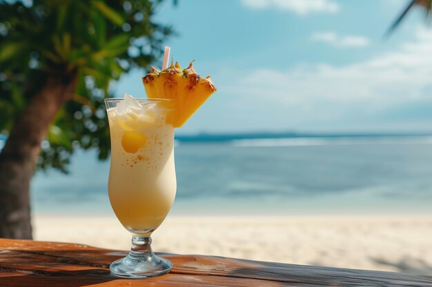 cocktail pina colada sul tavolo con lo sfondo della spiaggia