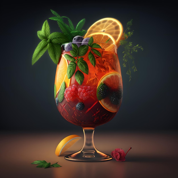 Cocktail rinfrescante con frutti di ghiaccio e frutti di bosco Cocktail alcolico sullo sfondo sfocato della barra