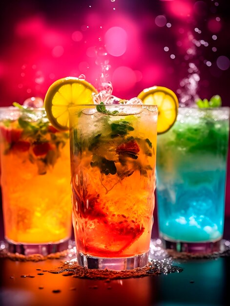 Cocktail rinfrescanti e colorati decorati con frutta e bacche