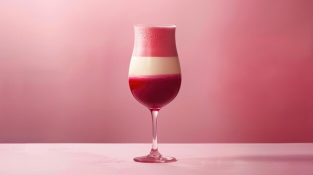 Cocktail stratificato in bicchiere di vino su sfondo rosa