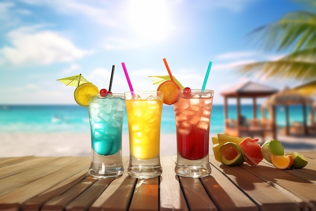 Cocktail sul tavolo con sfondo vista spiaggia