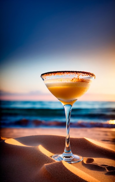 Cocktail sulla sabbia della spiaggia sullo sfondo dell'oceano durante il tramonto AI generativa