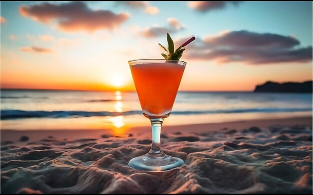 Cocktail sulla spiaggia al tramonto Cocktail in un bicchiere