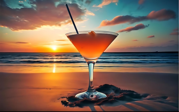 Cocktail sulla spiaggia al tramonto Cocktail in un bicchiere