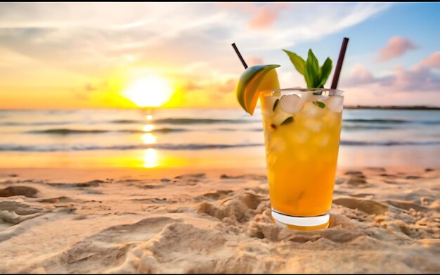 Cocktail sulla spiaggia al tramonto concetto di vacanza estiva