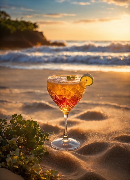 Cocktail sulla spiaggia al tramonto sfondo estivo colorato ai generativo