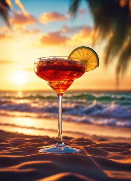 Cocktail sulla spiaggia al tramonto sfondo estivo colorato ai generativo