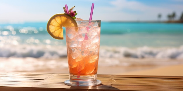 Cocktail sulla spiaggia Cocktail arancione con ghiaccio Foto di alta qualità AI generativa