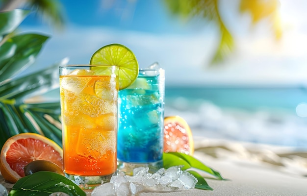 cocktail sulla spiaggia con frutta tropicale e ghiaccio