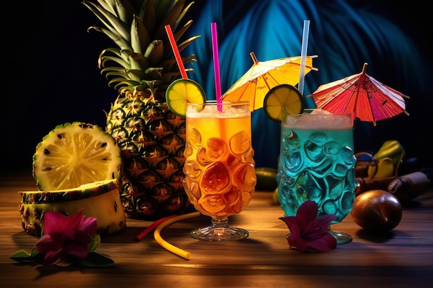 Cocktail Tiki esotici con ombrello e ananas