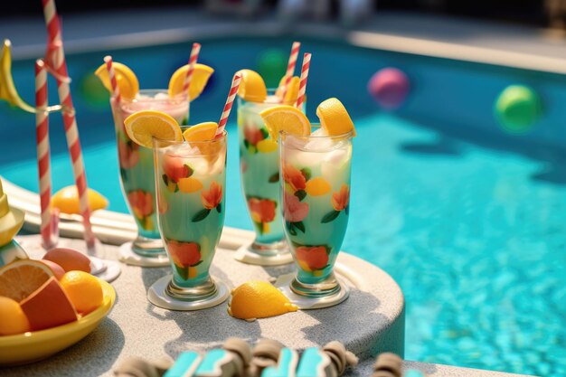 Cocktail Tom Collins con decorazioni per feste in piscina create con l'intelligenza artificiale generativa