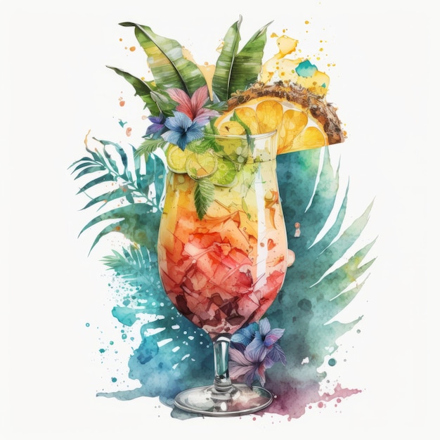 Cocktail tropicale dell'acquerello Illustrazione AI GenerativexA