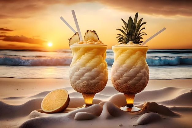 Cocktail tropicale di pina colada con ananas tramonto sul mare Generative AI 11