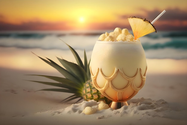 Cocktail tropicale di pina colada con ananas tramonto sul mare Generative AI 12