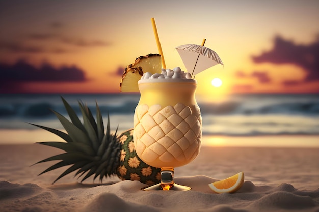 Cocktail tropicale di pina colada con ananas tramonto sul mare Generative AI 14