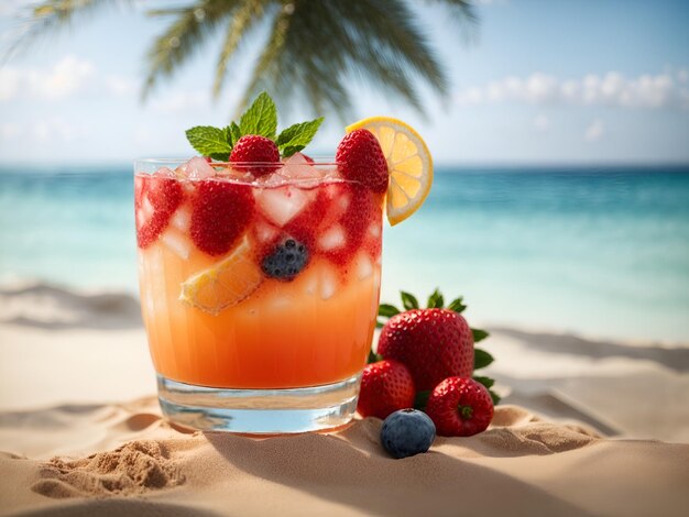 Cocktail tropicale fresco su una bellissima spiaggia soleggiata