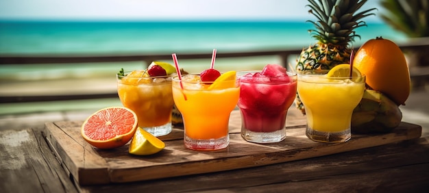 Cocktail tropicali con frutta fresca su una splendida spiaggia paradisiaca