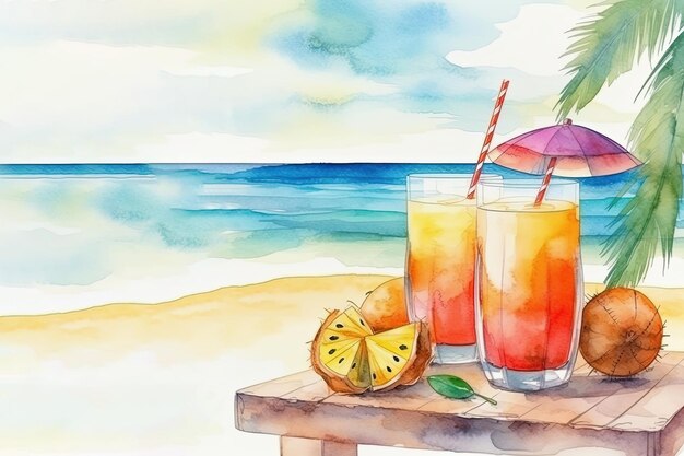 Cocktail tropicali sulla spiaggia con spazio copia sfondo mare colorato IA generativa