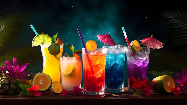 Cocktail tropicali sullo sfondo con bevande rinfrescanti create da ai