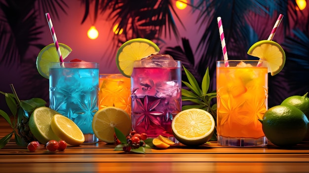 Cocktail tropicali sullo sfondo con bevande rinfrescanti create da ai