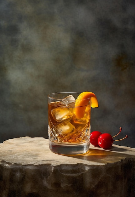 Cocktail vecchio stile su sfondo di pietra Whisky su fondo rustico in pietra