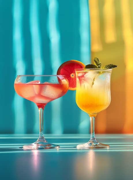 Cocktail vintage su sfondo blu e arancione Bevanda senza alcol in stile retro