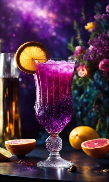 Cocktail viola con ghiaccio su un tavolo di legno Focus selettivo ai generativo