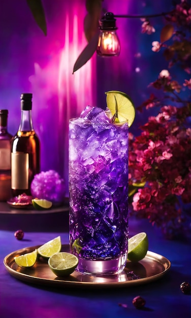 Cocktail viola con ghiaccio su un tavolo di legno Focus selettivo ai generativo