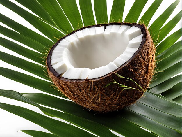 Coco fresco con foglia di cocco isolata su uno sfondo bianco