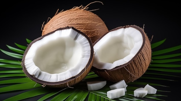Coco fresco con foglie isolate su uno sfondo bianco