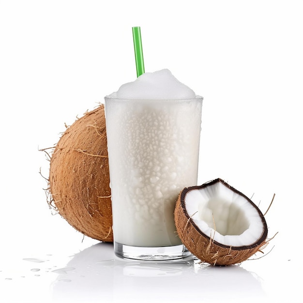 Coco giovane e fresco con succo di cocco isolato sullo sfondo bianco succo di coco isolato