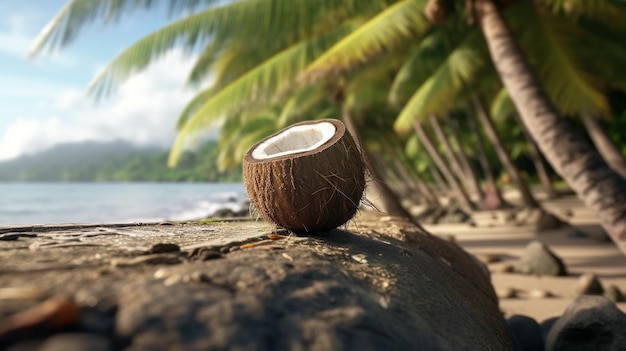 Coco marrone rotto sulla spiaggia di sabbia Spiaggia tropicale Giornata mondiale della noce di cocco