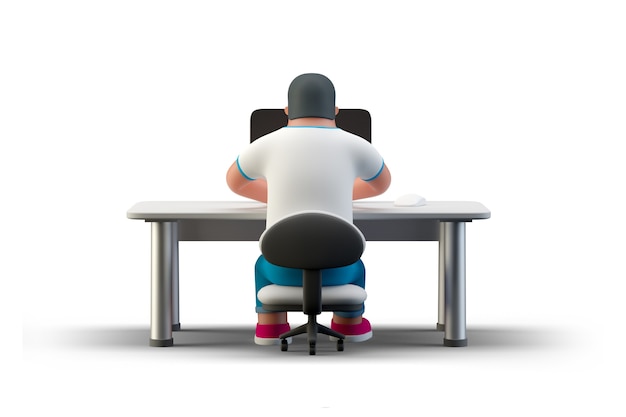 Coder Programmer duduk di Meja dengan Monitor Komputer Desktop mengetik coding 3D rendering