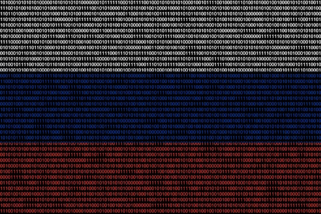 Codice binario a matrice di zero e uno nei colori della bandiera della russia Concetto di tecnologia informatica moderna e cyberspazio