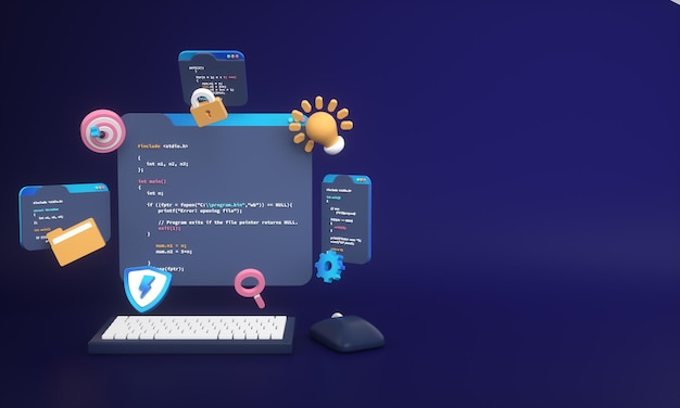 Codice di programmazione dello sviluppo Web o sviluppo di app e web design su computer per sfondo seo 3d