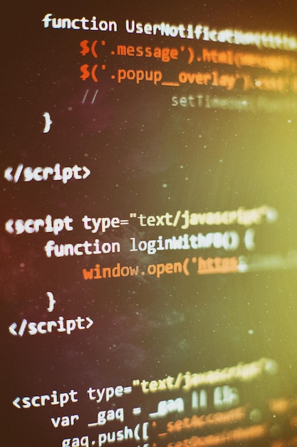 Codice di programmazione per sviluppatori software. Codice di script di computer astratto. Messa a fuoco selettiva