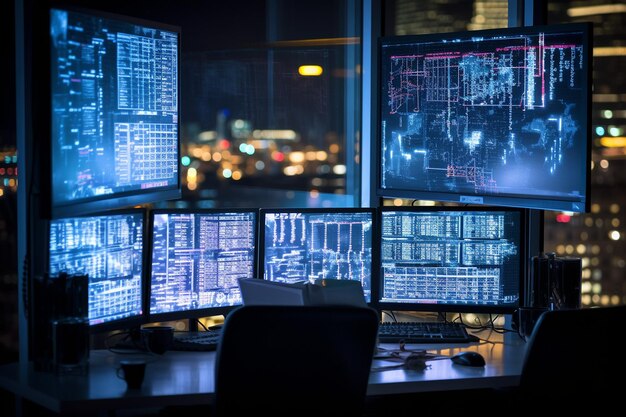 Codice di programmazione sul computer due schermi sul desktop nella sala con luci al neon infobahn