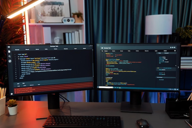 Codice di programmazione sul computer due schermi sul desktop nella sala con luci al neon Infobahn