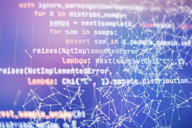Codice di script di computer astratto. Schermata del codice di programmazione dello sviluppatore del software. Tempo di lavoro di programmazione del software. Testo in codice scritto e creato interamente da me.