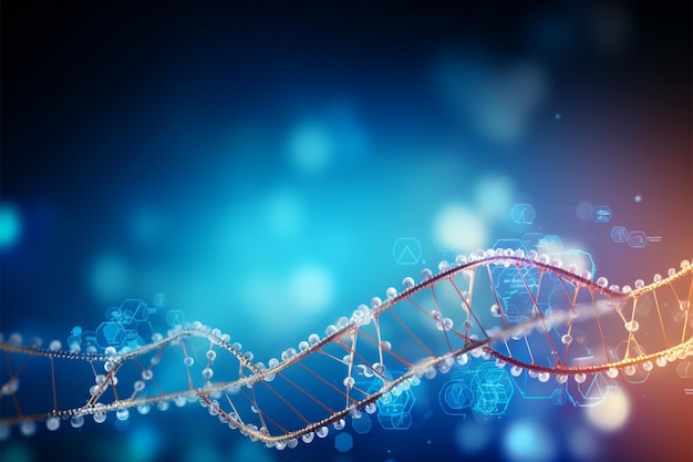 codice digitale del DNA con bagliore scientifico e background di nanotecnologia