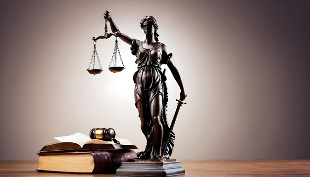 Codice giuridico di Mallet e statue di giustizia Concepto di legge