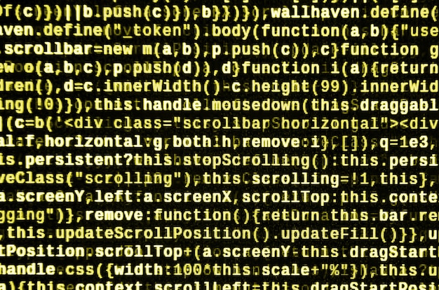 Codice JavaScript nell&#39;editor di testo. Codifica del concetto di cyberspazio. Schermo del codice di sviluppo web