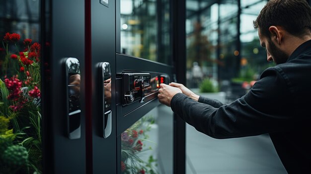 codice password sulla tastiera digitale smart touch screen porta d'ingresso di fronte a un edificio moderno