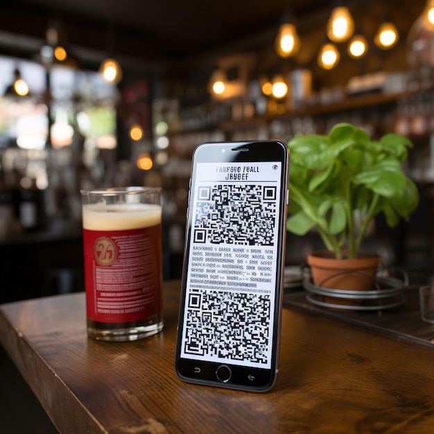 Codice Qr sullo schermo del telefono cellulare e bicchiere di birra sul tavolo di legno